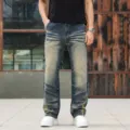 Men's rhinestone washed loose straight leg jeans, stylish vintage denim trousers for casual wear. - 28 / Mud Dye Blue