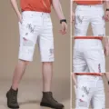 Men's white denim shorts casual summer slim fit five-point trousers with graffiti print. - 28 / Bottoms / White