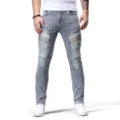 Pantalones Vaqueros Biker Slim Fit Hombre Azul Claro Lavado Desgastado Patchwork - 28 / Azul