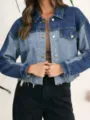 Dames colorblock spijkerjas gedetailleerd overzicht, casual korte denim jas met knopen. - S / Blauw