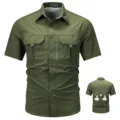 Herren Outdoor Kurzarm Freizeithemd Atmungsaktiv Schnelltrocknend Multi Taschen - M / Armeegrün