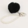 Fluffy black plush pom pom ball with white faux pearl bracelet keychain bag pendant cute. - Black Pompom Pearl Keychain