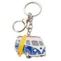 Metalen camper bus sleutelhanger met surfplank hanger, retro tas accessoires. - Blauw