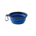 Portable silicone collapsible dog bowl, travel pet folding feeding bowl with secure carabiner. - Blue
