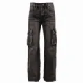 Mens washed black cargo jeans loose wide leg multi pocket denim pants skateboard streetwear - 38 / Black and Gray