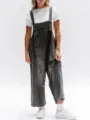 Vintage distressed ripped denim overalls for women, loose fit casual cropped jumpsuit style. - S / Dark Gray