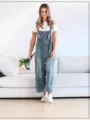 Retro distressed ripped denim overalls for women, loose fit casual cropped jumpsuit main view. - S / Dark Blue