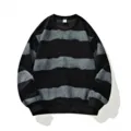 Herren schwarz grauer gestreifter Pullover, Lässiges Langarm Rundhals Sweatshirt Oversize. - L / Schwarz
