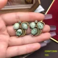 Retro vintage green stone metal stud earrings detail shot, stylish antique copper jewelry. - FM1390 Qinghai Jade Stud Earrings