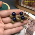 Vintage retro bronze peanut earrings with deep blue gemstone and sparkling rhinestone studs. - FM1431 Lapis Lazuli Stud Earrings