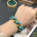 Vintage turquoise bracelet for women, gold-colored leaf link chain with sparkling rhinestones. - FM1436 Turquoise Bracelets