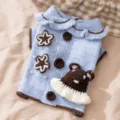 Cute blue knit cat sweater with brown bear crochet, warm autumn winter pet clothes for small dogs. - XL (14-18 lb) / Bondi Blue