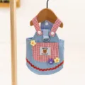 Cute pet denim overalls dress with plaid pocket, stylish puppy summer clothes for pets dogs cats - M / Light Denim (Leash Attachable)