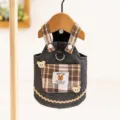 Cute denim dog dress with plaid pocket and little bear decor, comfortable pet apparel. - M / Dark Denim (Leash Attachable)