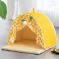 Cool breathable summer pet tent dog house cat bed with cute yellow plaid design and soft mat. - Size S (32*32*35cm) / Sunny Orange Carrot