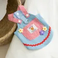 Cute blue denim pet dress with red checkered straps and lovely bear pocket for cats and dogs. - M / With Leash D-Ring / Light Blue