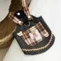 Cute denim pet dress with plaid pocket and bear buttons, comfortable cat dog clothes for summer. - M / With Leash D-Ring / Dark Blue