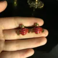 Chic gold-plated red enamel bee stud earrings with green crystal eyes for women 1pair - Bee Stud Earrings / Red