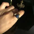 Gold plated blue enamel bee ring detail view, delicate insect design ring for daily wear. - Bee Ring / Blue