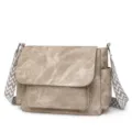Stylish khaki canvas messenger bag with wide geometric strap, large capacity crossbody bag. - Khaki