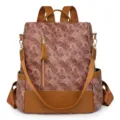 Sac à dos mode vintage pour femmes avec motif éventail et détails en cuir marron sac d'école - Marron