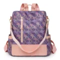 Eleganter Damen Rucksack in lila rosa Schuppen Muster mit pinkem PU Leder Besatz und Trägern. - Lila