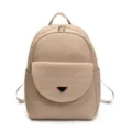 Stylish women's beige PU leather backpack with front pocket and elegant metal triangle logo. - Khaki