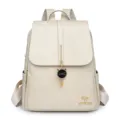 Sac à dos beige en cuir PU, élégant cartable vintage pour femme avec pendentif chat mignon. - Blanc Cassé
