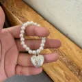 White pearl bead necklace accessory with silver engraved heart pendant for DIY crafts - Patterned Heart Style (2号款) / 1 Piece