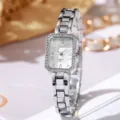 Reloj cuadrado plateado para mujer con bisel de strass y correa de eslabones de metal plateado - Correa Plateada Esfera Blanca