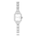 Elegante silberne rechteckige modulare Edelstahl-Uhr mit schimmernden Kristalllünetten-Details - Style 6 Komplette Uhr + Weißes Zifferblatt (Strass) / Stahlfarben