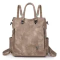 Women multi-functional soft leather convertible backpack stylish casual daily shoulder bag - Khaki