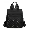 Classic black quilted nylon backpack for women with metal studs and practical zipper pockets. - Black
