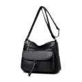 Sac à bandoulière noir en cuir souple pour femmes, sacoche multi-poches élégante. - Noir