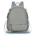 Women grey leather backpack with checkered embossed pattern, blue straps and rhinestone pull. - Blue