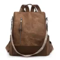 Dark brown women's soft leather backpack, casual minimalist daypack with front zip pocket. - Brown