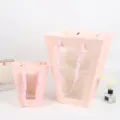 Pink T-shaped flower packaging gift bag with clear window and ribbon handles for rose bouquet. - S / Pink