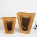Craft paper flower gift bag, trapezoid design with transparent window and ribbon handles. - S / Kraft Color