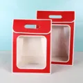 Red paper gift bags with clear window and handles for party, DIY flower and doll packaging. - Large (35x25x15cm) / Red with White Border