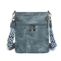 Sac bandoulière en toile gris-bleu, sac rétro multi-poches avec sangle à motifs. - Bleu