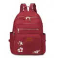 Red Nylon Backpack with Floral Embroidery and Zipper Pockets Stylish Casual Daypack Variant - Red