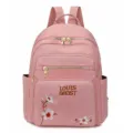 Pink casual women backpack with floral embroidery and multi pockets daily fashion school bag - Pink