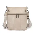 Beige crossbody bag for women, vintage messenger bag with wide geometric strap and pockets. - Off White