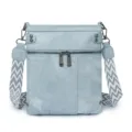Chic light blue crossbody shoulder bag with wide geometric strap, multi pockets and metal rivets. - Light Blue
