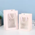 Roze papieren draagtassen met doorzichtig venster, elegante geschenkverpakking en bloemenzakken. - Klein 18x13x25cm / Roze