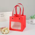 Red paper gift bag with clear window, cute handle tote bag for flower packaging, party and gifts. - 15*15*15cm / Joyful Red