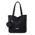 Sac cabas en nylon noir pour femmes, grand sac porté épaule décontracté avec porte-monnaie. - Noir