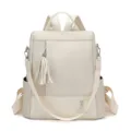 Zaino donna in ecopelle PU bianco sporco borsa casual da viaggio con nappina e design elegante - Beige