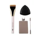 Crescent Foundation Pinsel Set mit flachem Make-up Pinsel, Puderquaste und Edelstahl Palette. - Flaches Foundation-Pinsel-Set / Weiß