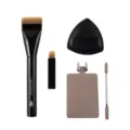 Cangzhou Halbmond Pinsel Set mit Edelstahltablett und Puderquaste, schwarzes Finish - Gerades Foundation Pinsel Set mit Kleinem Pinsel / Hellschwarz